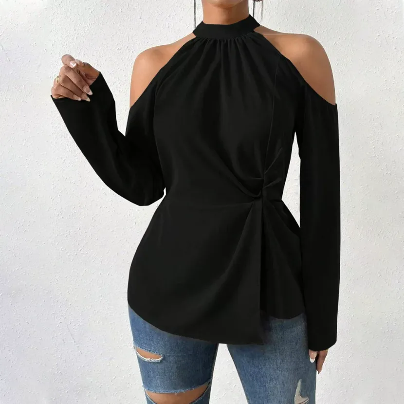 Womens Elegant Cold Shoulder Long Sleeve T Shirt Chic Design Spring Summer Style High Quality Fa