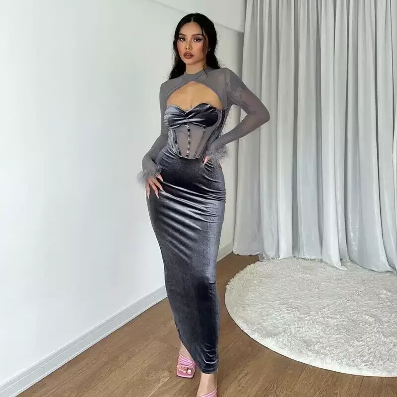 Womens Long Sleeve Sheer Mesh Dress Plush Fabric Hollow Out Design Slim Fit Nightclub Style Autu