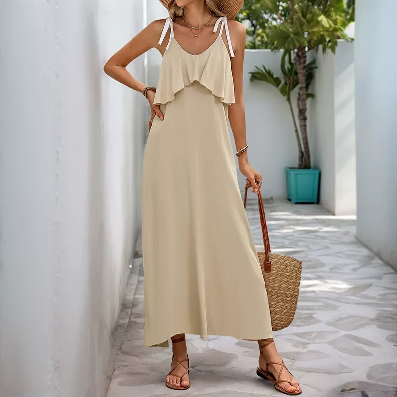 Casual Ruffle Hem Cami Dress in Apricot Lightweight Fabric Summer Beach Vacation