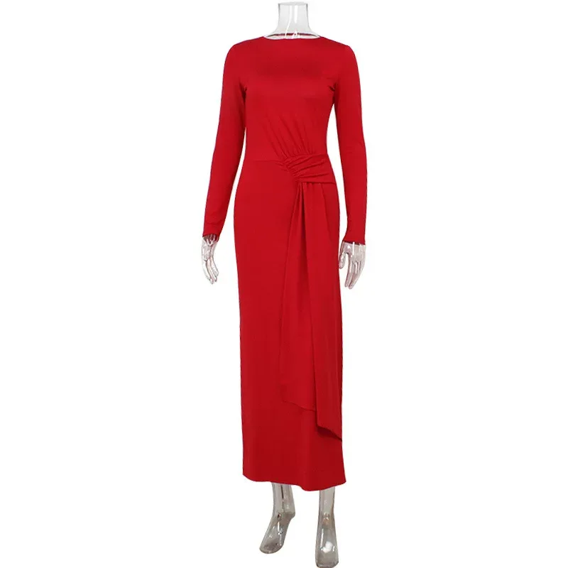 Elegant Long Sleeve Maxi Dress Round Neck Open Back Waist Tie Slim Fit Evening Wear Red Carpet R