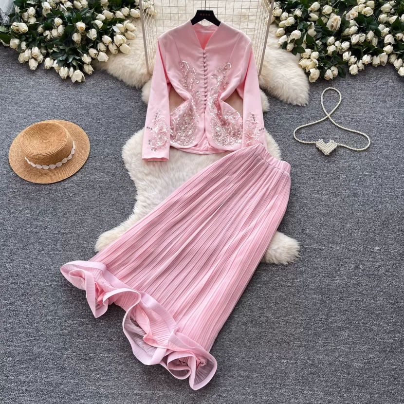 French Style V Neck Embroidered Jacket with High Waisted Pleated Skirt Elegant Lightweight Two Piece Set for Spring and French Style V Neck Embroidered Jacket with High Waisted Pleated Skirt Elegant Lightweight Two Piece Set for Spring and