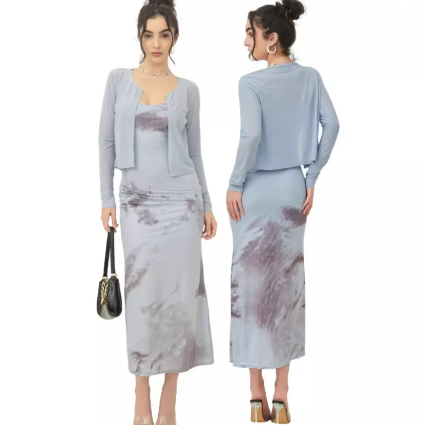 French Style Fishtail Dress Set Elegant Slim Fit Adjustable Spaghetti Straps Cardigan Included P