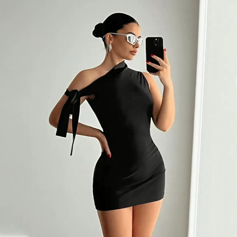 Summer Womens Bodycon Dress Solid Color Asymmetrical Shoulder Sleeveless Comfortable Fit Perfect