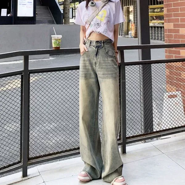 美式复古磨白做旧阔腿牛仔裤女春夏新款高腰显瘦宽松垂感拖地裤子