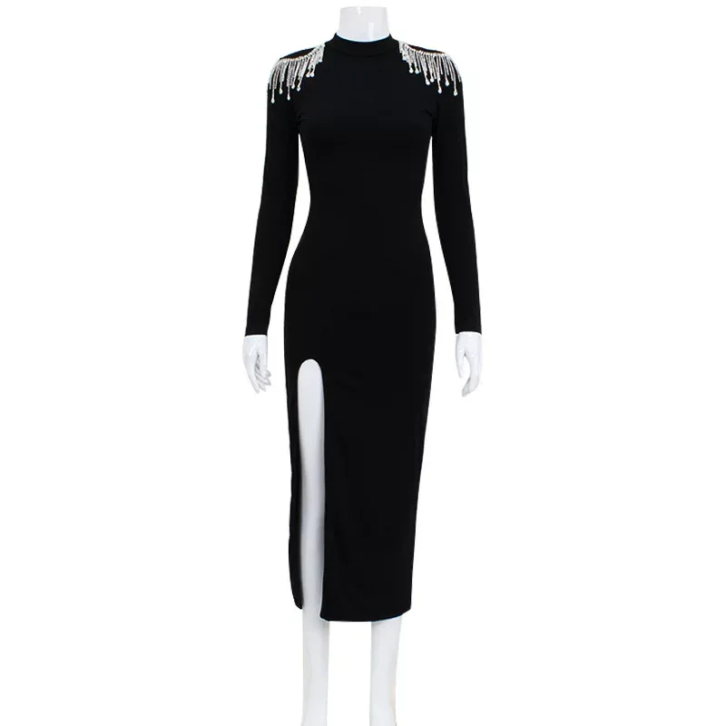 Elegant High Split Long Sleeve Dress Solid Color High Waist Rhinestone Details Perfect for Eveni