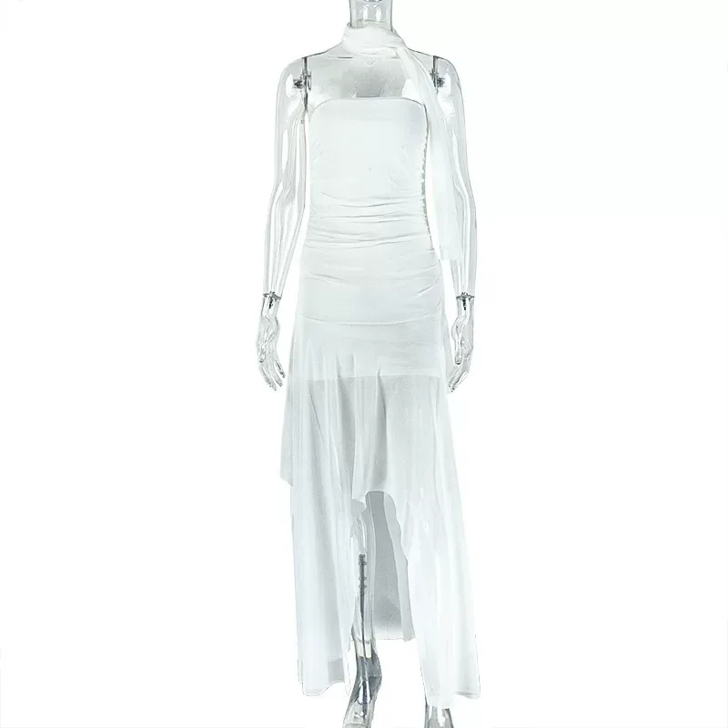 Womens Sheer Mesh Bodycon Dress Off Shoulder Irregular Hem Solid Color Backless Evening Party We