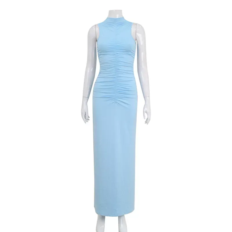 Sleeveless High Neck Bodycon Dress Elegant Solid Color Pleated Design Slim Fit Perfect for Parti