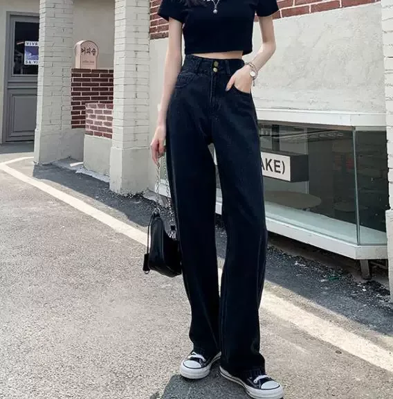 跨境牛仔裤女2023春季新款韩版百搭复古设计感高腰宽松阔腿直筒裤
