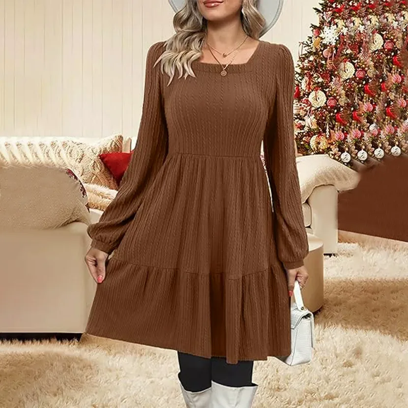 Elegant Womens Midi Dress Stylish Versatile Youthful Perfect for Autumn and Winter Office Wear W