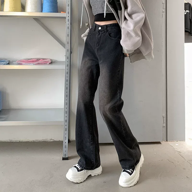 速卖通牛仔裤女2023春季新款韩版复古高腰设计感宽松垂感阔腿直裤