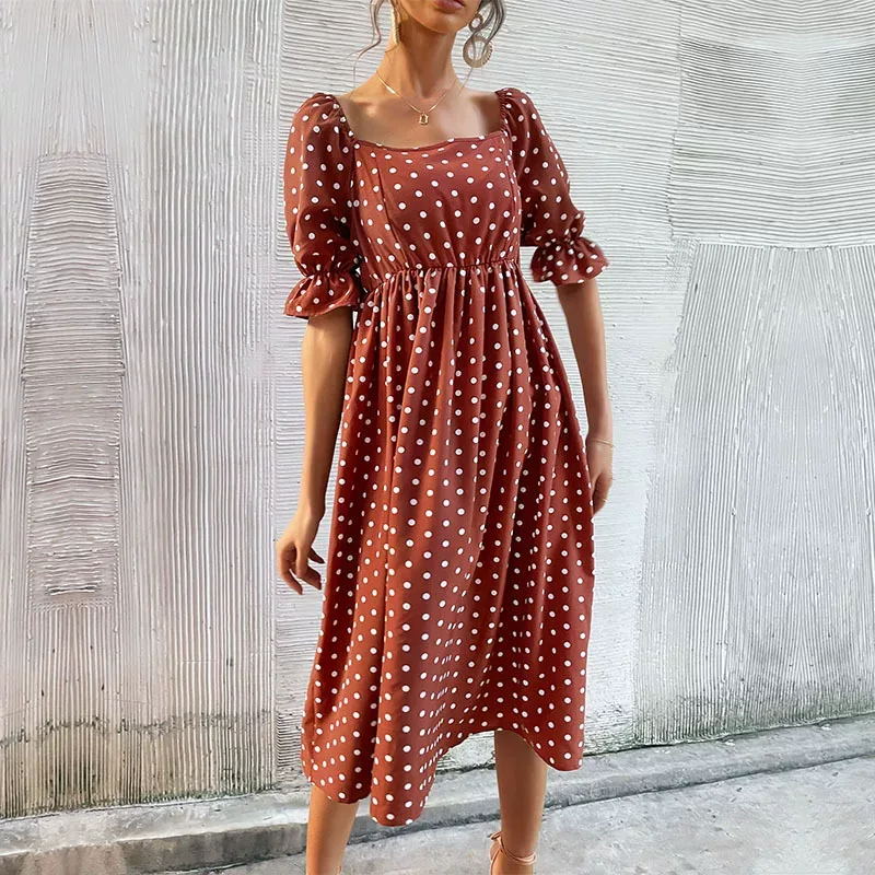 Vintage Polka Dot Ruffle Hem Dress Off Shoulder Summer Style Elegant Design Wholesale Available