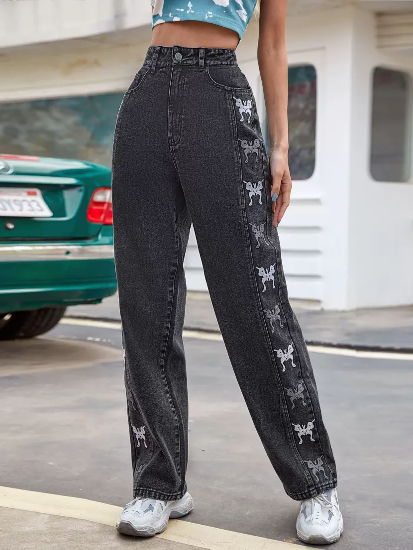 Vintage Gradient Butterfly Embroidery Denim Pants Womens Casual Style Versatile Fit Suitable for