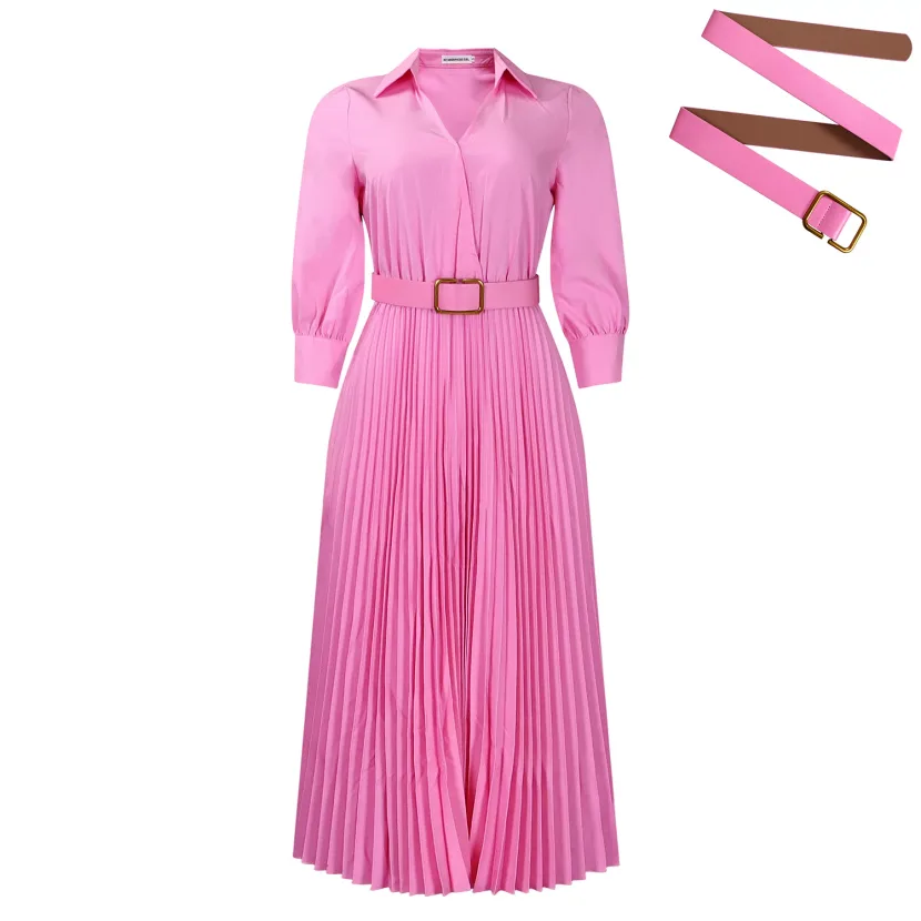 Plus Size Womens Dress Elegant Solid Color Flared Skirt Pleated Design Lapel Collar Autumn Winte