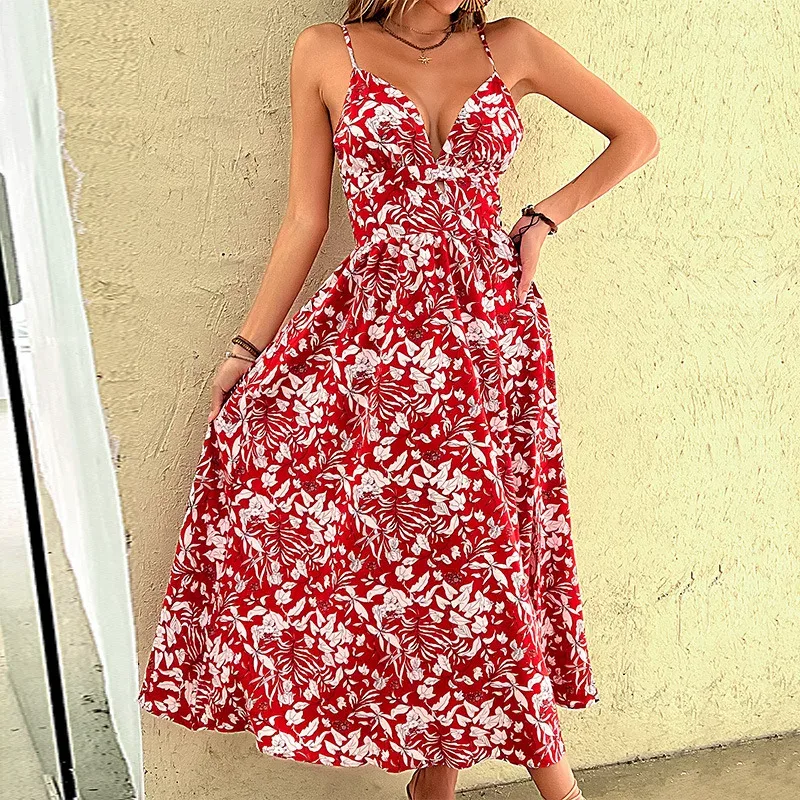 Red Floral Print Maxi Dress Summer Vacation Style Perfect for Dates and Parties Available for Wh