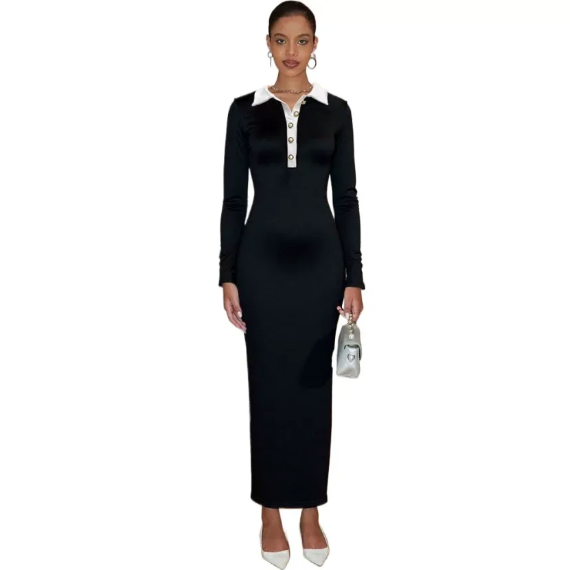 Long Sleeve Color Block Bodycon Knit Dress Slim Fit Lapel Collar Button Closure Elegant Style Pe