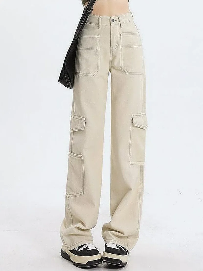 High Waisted Straight Leg Work Pants Loose Fit Wide Leg Large Pockets Casual Denim Trousers for