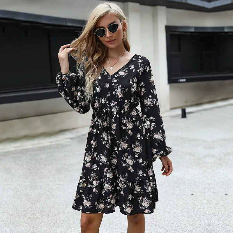 Fashion Womens Black Floral Print Long Sleeve V Neck Dress Stylish Elegant Versatile Perfect for