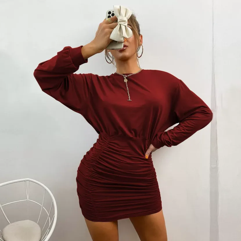 Womens Long Sleeve Knitted Dress Loose Fit Ruched Waist Bodycon Style Spring Summer Fashion Whol