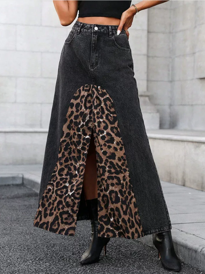 Leopard Print Denim Skirt Versatile Stylish Autumn Fashion Perfect for Streetwear Wholesale Avai