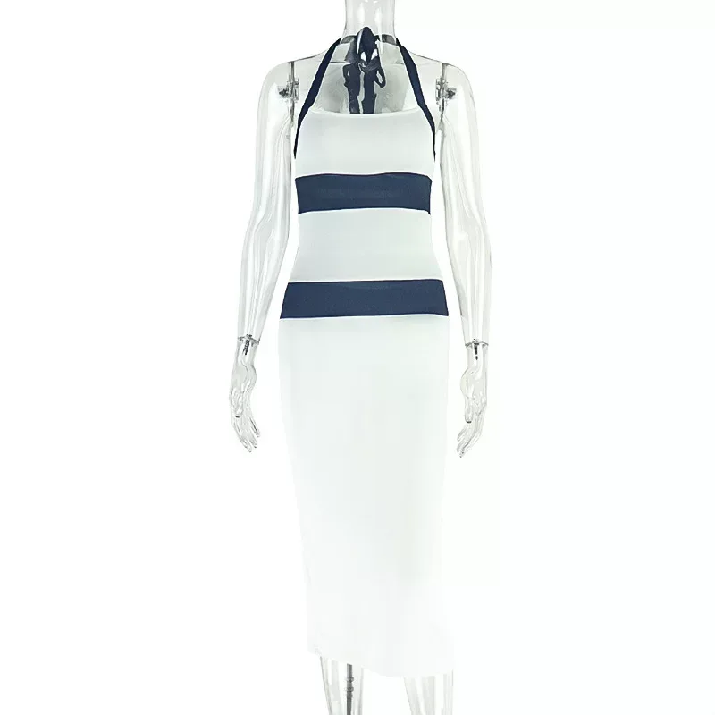 Slim Fit Halter Neck Dress Black and White Color Block Side Slit Design Casual Streetwear for Wo