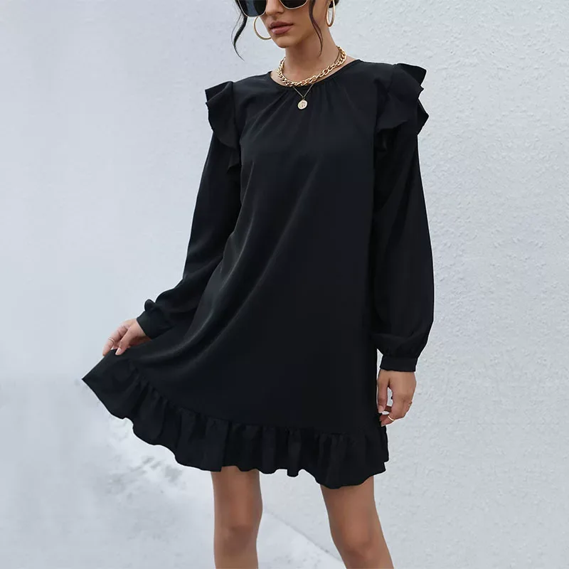 Floral Ruffle Loose Dress Elegant Autumn Style Vintage Inspired Comfortable Fit Wholesale Availa