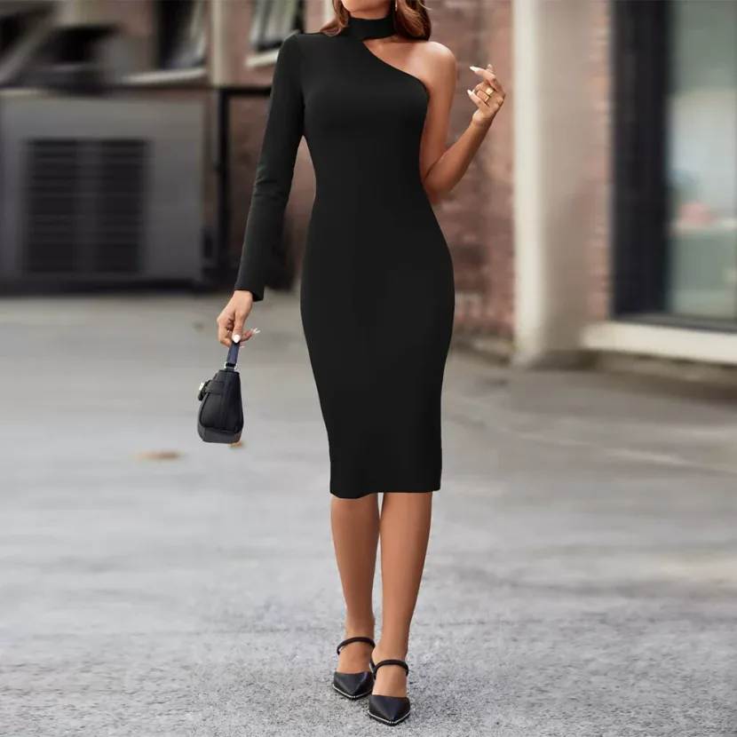 Elegant Womens Dress High Neck Off Shoulder Slim Fit Mid Length Spring Summer Fashion Wholesale