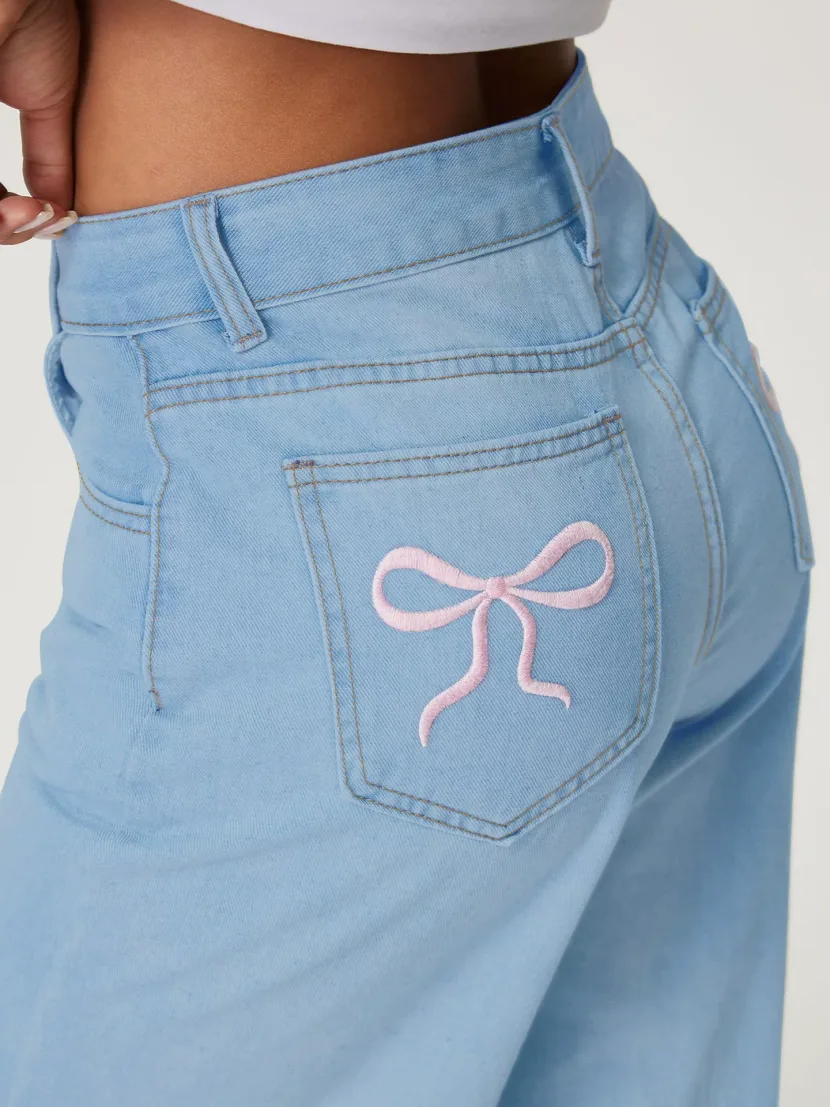 Embroidered Denim Jeans with Bow Detail Fashionable Trendy Design Womens Casual Wear Wholesale A