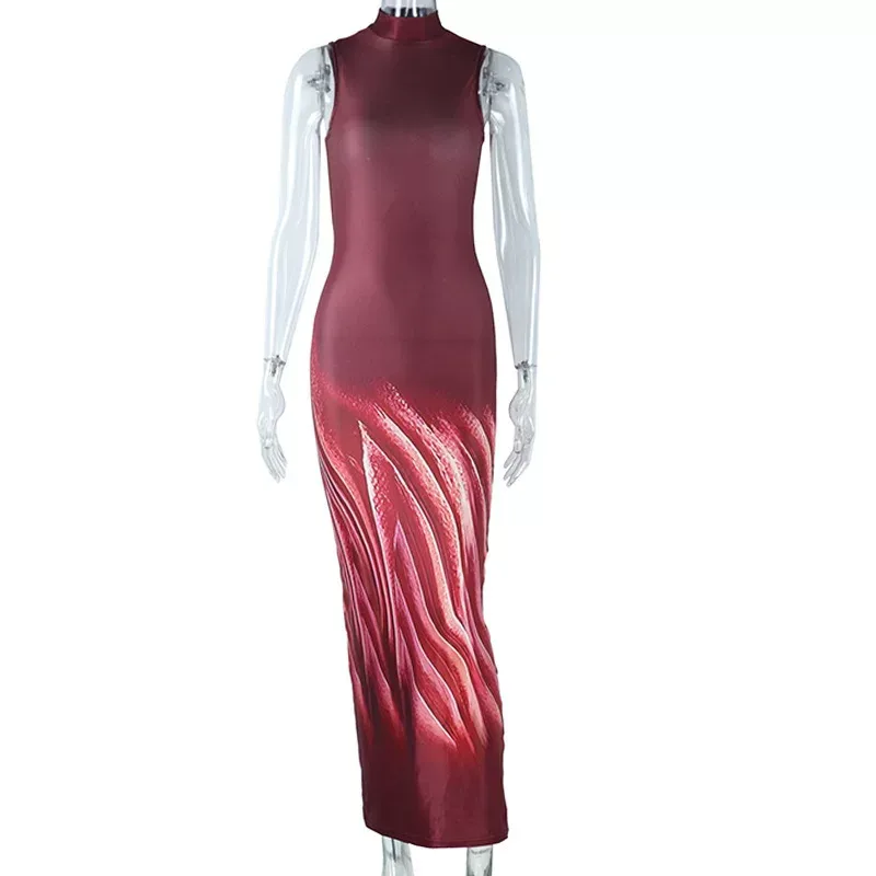 Sleeveless Stand Collar Dress Fashionable Floral Print Mid Length Sexy Elegant Bodycon Style Per