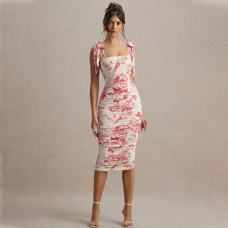 Floral Print Bodycon Dress Fresh and Sweet Design Slim Fit Adjustable Straps Spring Summer Occas
