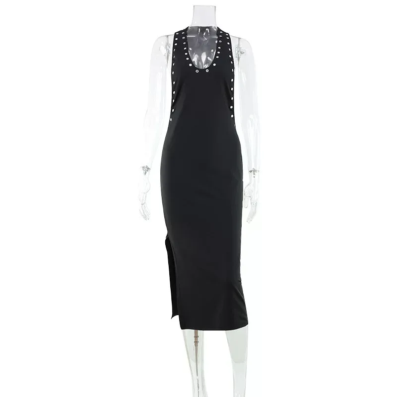 American Style Sleeveless Bodycon Dress High Elasticity Cut Out Back U Neck Slim Fit Solid Color
