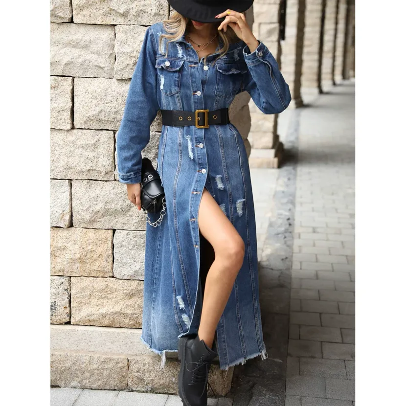 Vintage Slim Fit Long Sleeve Denim Dress for Women Waist Defining Stylish Comfortable Perfect fo