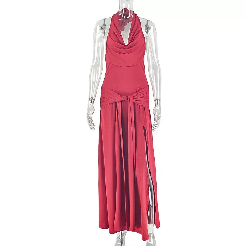 Elegant Solid Color Bodycon Maxi Dress with Side Slit Waist Cinching Design Ruffled Neckline Per
