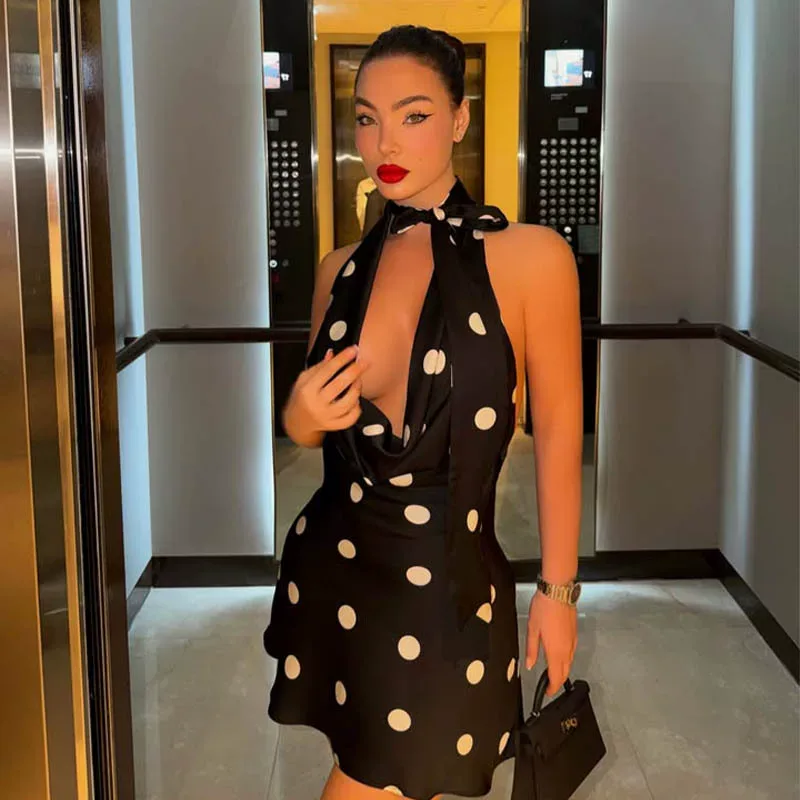 Summer Sexy Backless Deep V Polka Dot Mini Dress Halter Neck Figure Hugging A Line Trendy for Parties Wholesale