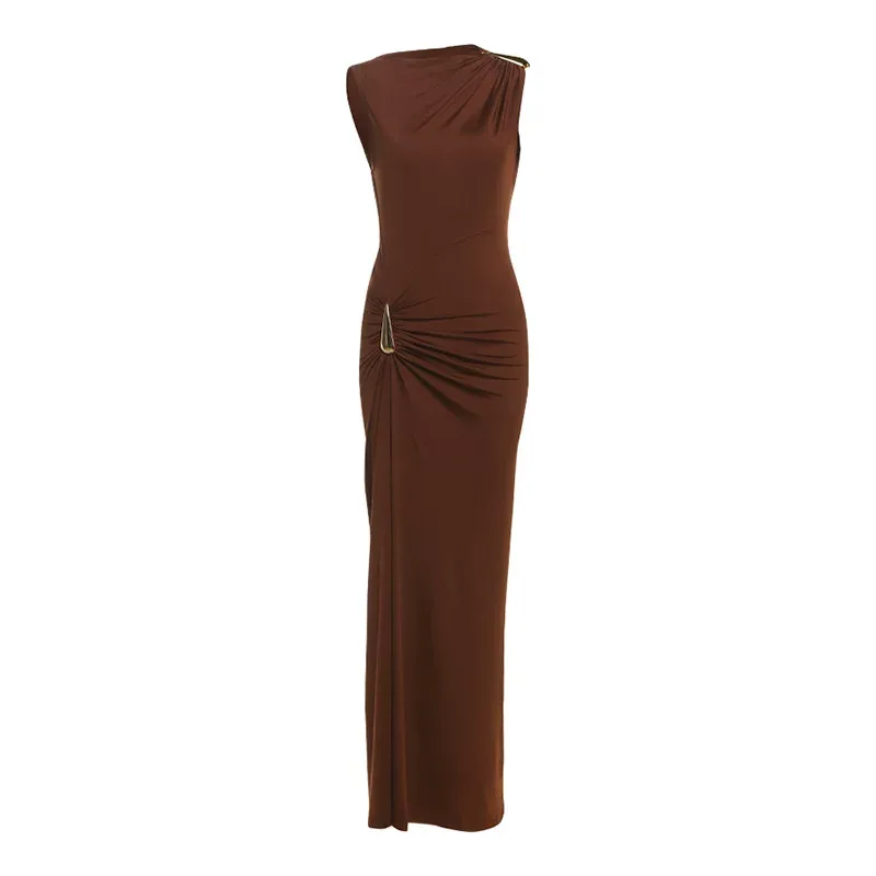 Sleeveless Bodycon Dress Solid Color Metallic Accents Side Slit Autumn Fashion for Women Wholesa