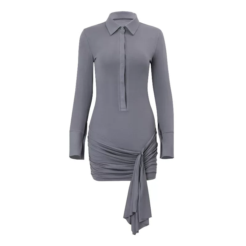 Womens Long Sleeve Polo Dress Slim Fit Button Closure Solid Color Adjustable Tie Winter Fashion