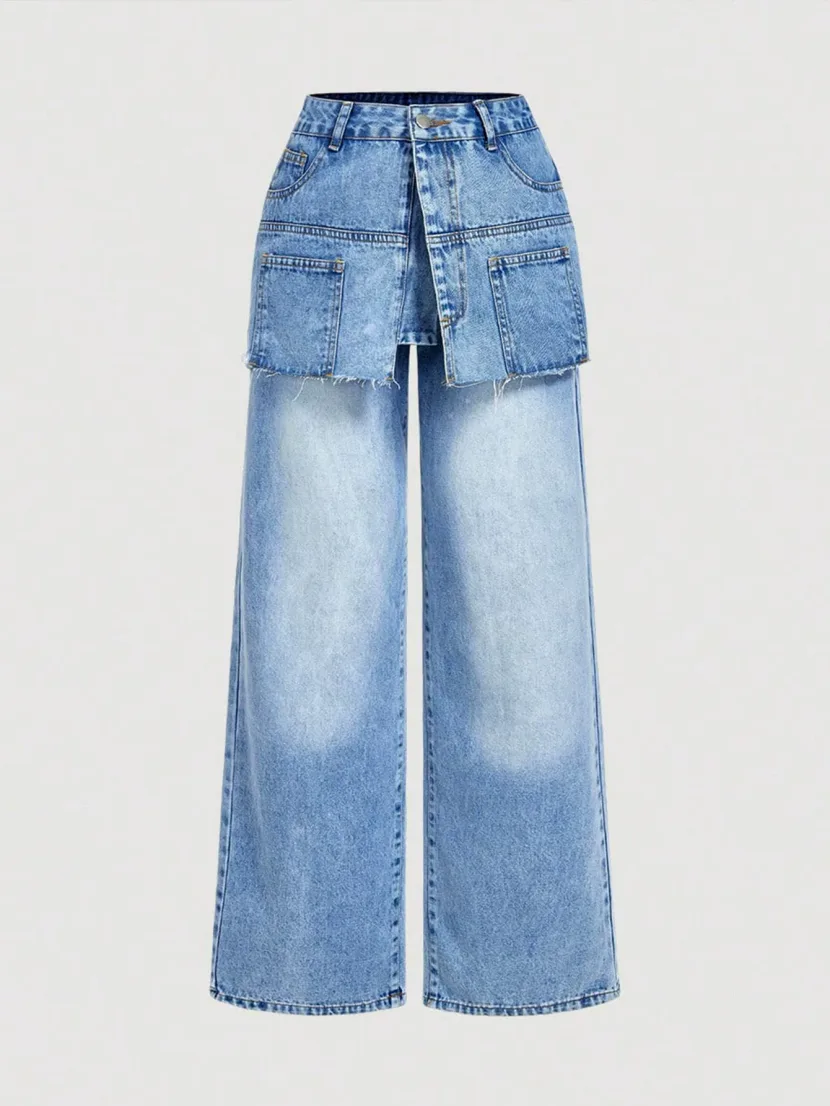 Fashionable Two Piece Look Wide Leg Jeans Trendy Design Comfortable Fit Versatile Style Perfect