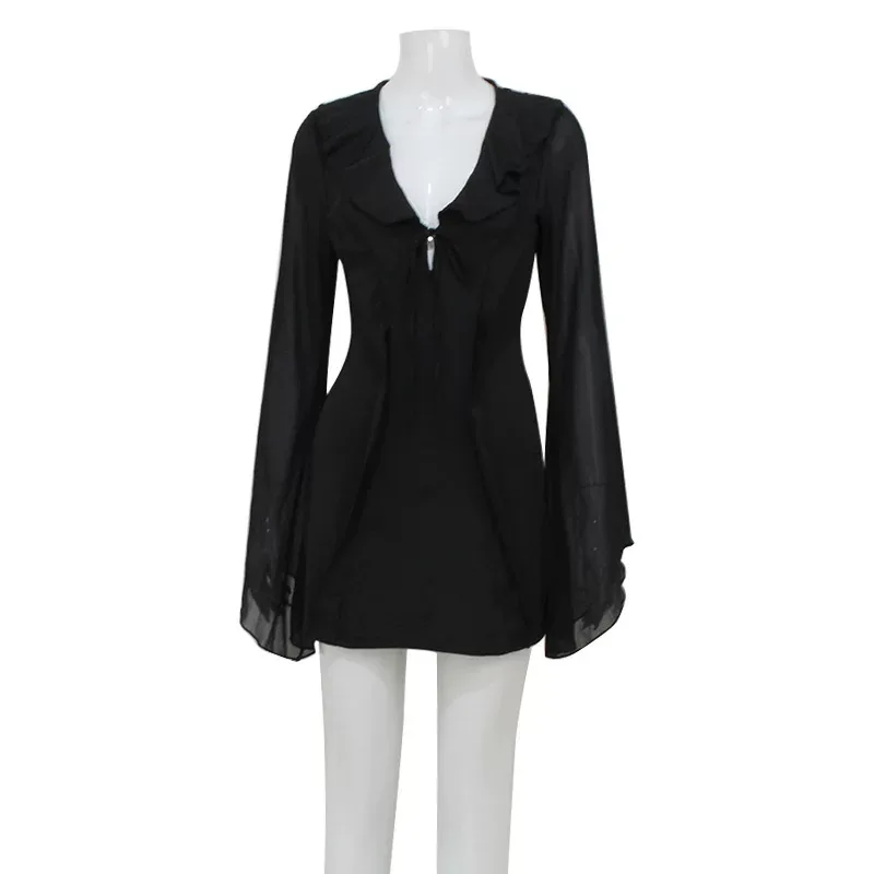 Summer Womens Dress Deep V Neck Ruffled Hem Long Sleeve Slim Fit Casual Party or Night Out Whole