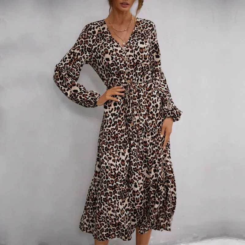 Vintage Leopard Print Long Sleeve Dress Ruffled Hem Mid Length Elegant Style Wholesale Availabil