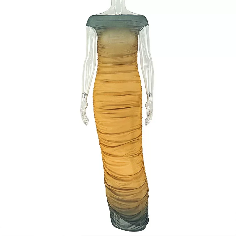 Color Block Gradient Ruched Bodycon Dress Elegant Long Silhouette Round Neck Slim Fit Perfect fo