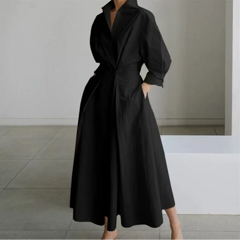 Plus Size Fashionable Polo Collar Dress Loose Fit Three Quarter Sleeves Flared Hem Ideal for Com