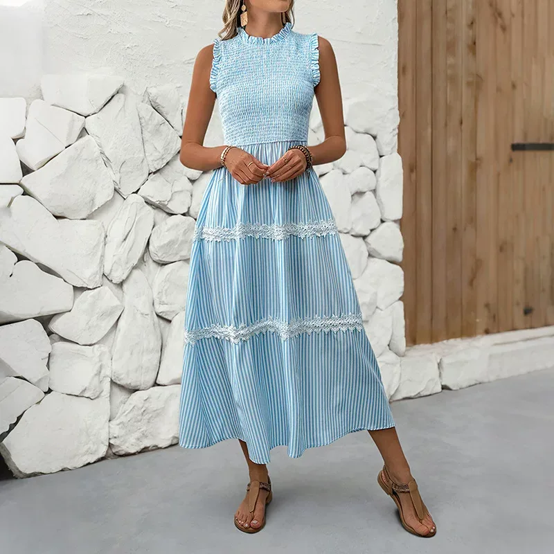 Summer Sleeveless Dress Sweet Lace Trim Striped Pattern Casual Style Perfect for Warm Weather Oc