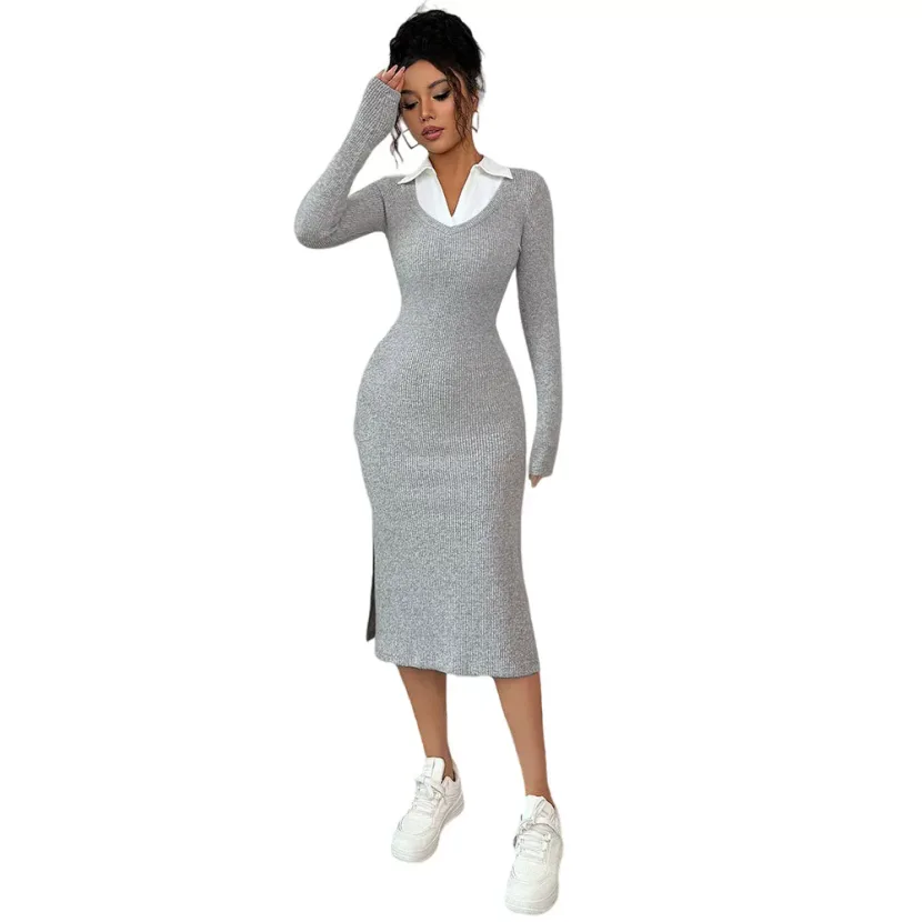 Korean Style Casual Long Sleeve Shirt Dress Color Block Design Slim Fit Lightweight Fabric Sprin