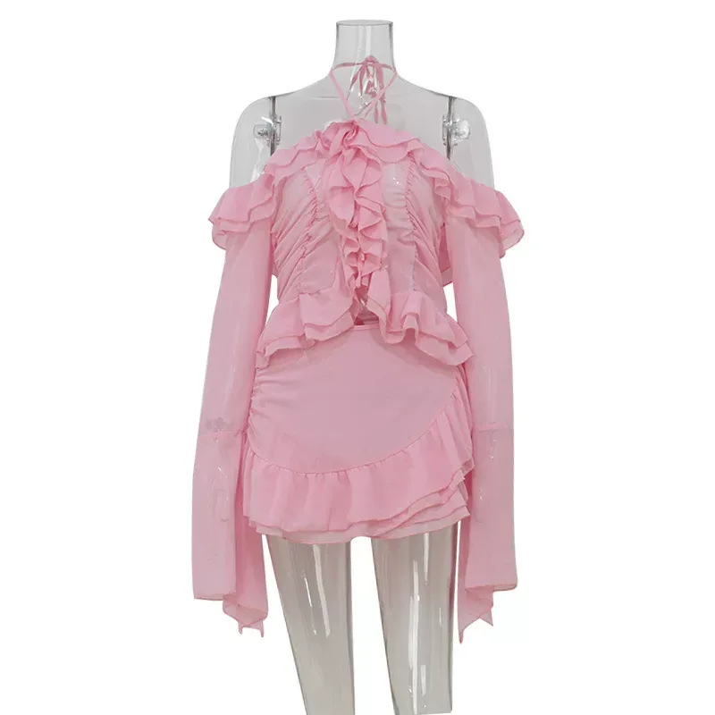 Off Shoulder Long Sleeve Top and Ruffled Hem Skirt Set Elegant Style Summer Fashion for Women Wh