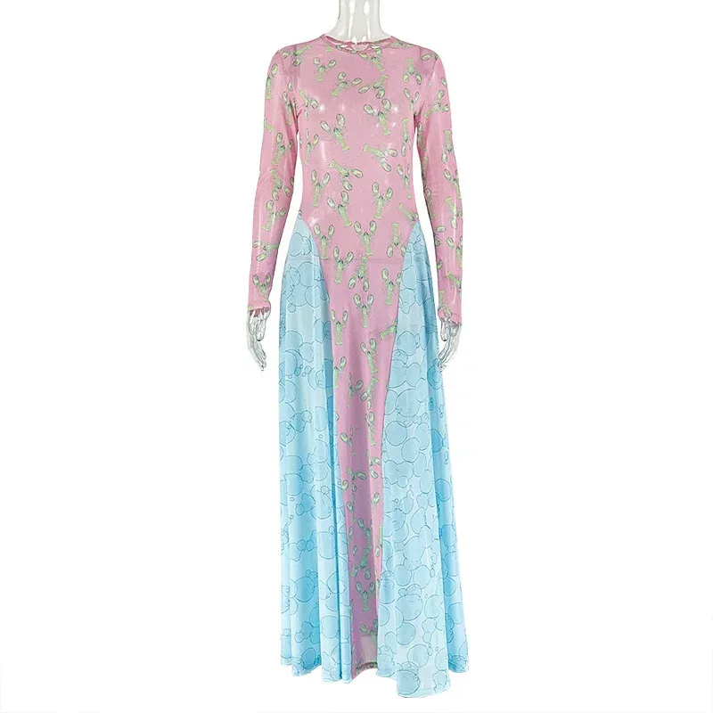 Floral Print A Line Dress Slim Fit Ruffled Round Neck Long Sleeve Elegant Casual Wear for Women