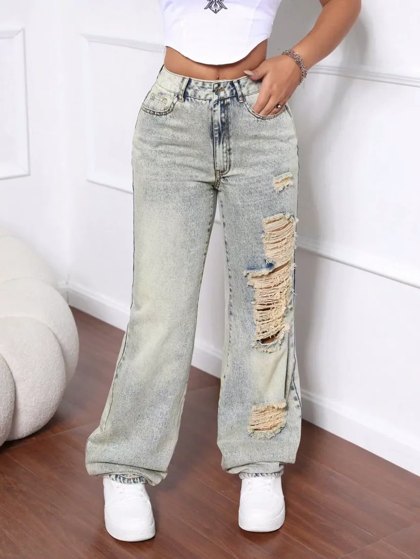 Womens Fashion Distressed Wide Leg Jeans Loose Fit Straight Cut Casual Style Perfect for Everyda