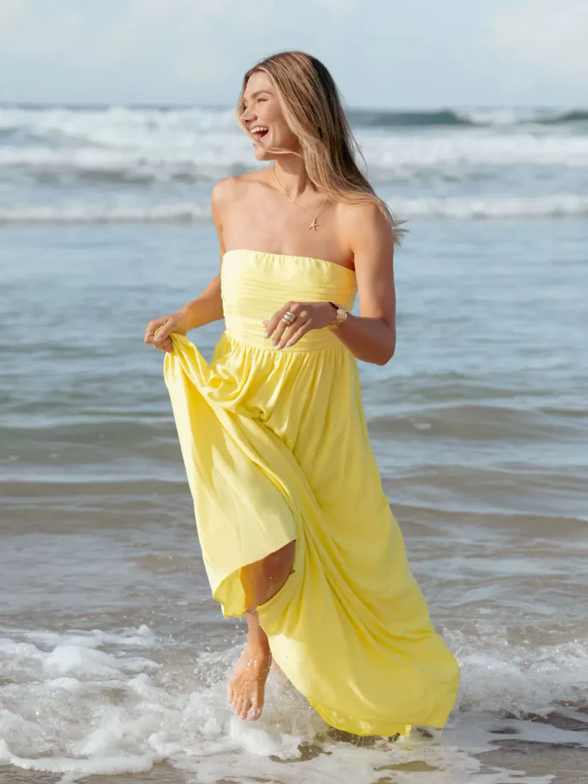 Chic Yellow Strapless Maxi Dress Elegant Sleeveless Summer Style Perfect for Petite Figures Whol