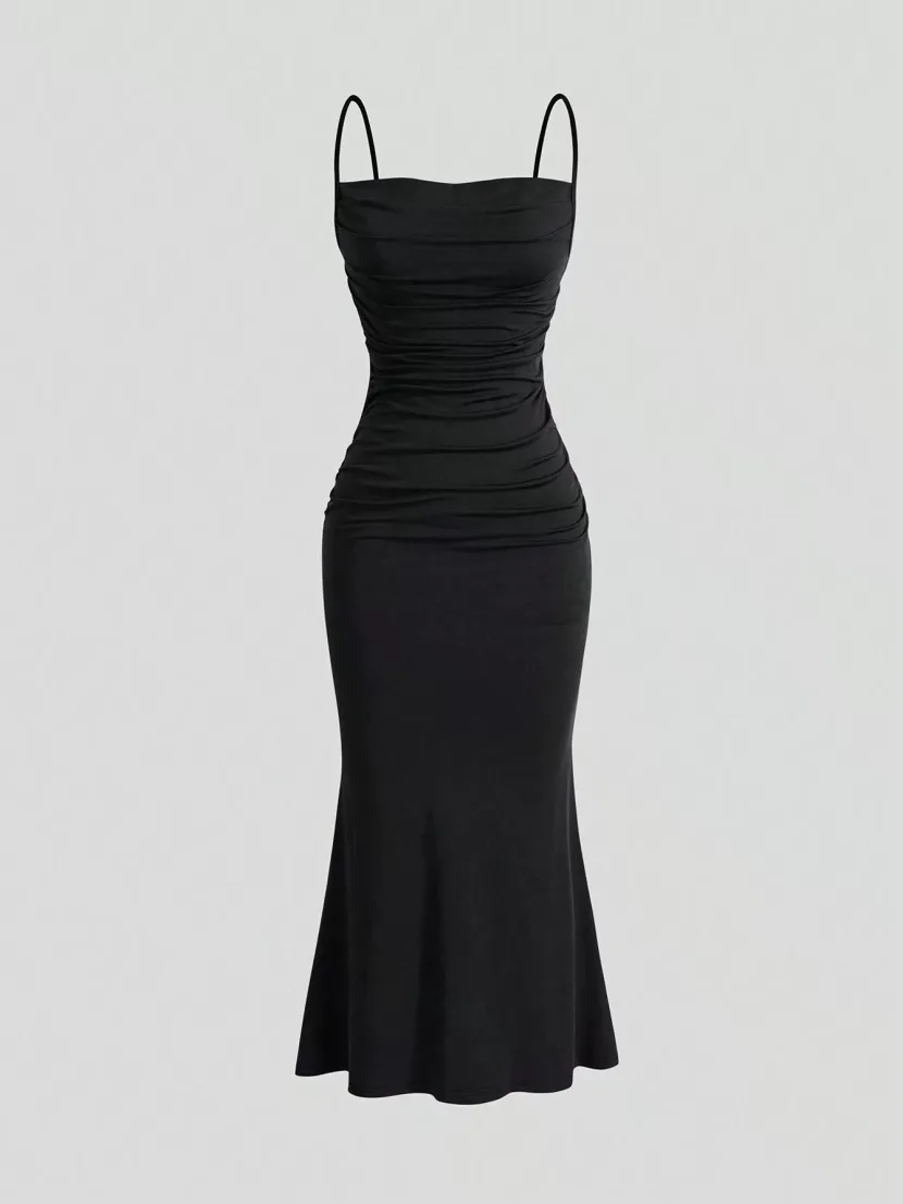 High Waist Bodycon Maxi Dress Adjustable Spaghetti Straps Tie Detail Mermaid Hem Spring Fashion