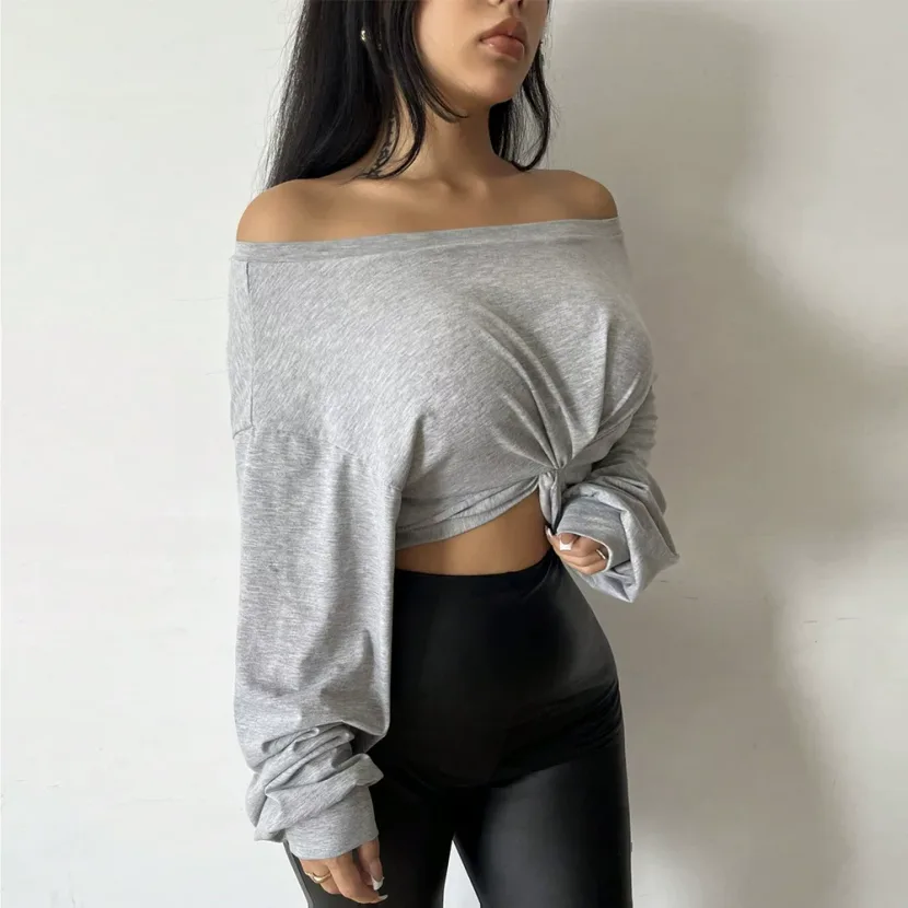 Crop Top Sexy Slim Fit Off Shoulder Long Sleeve Lightweight Fabric Spring Summer Fashion Wholesa