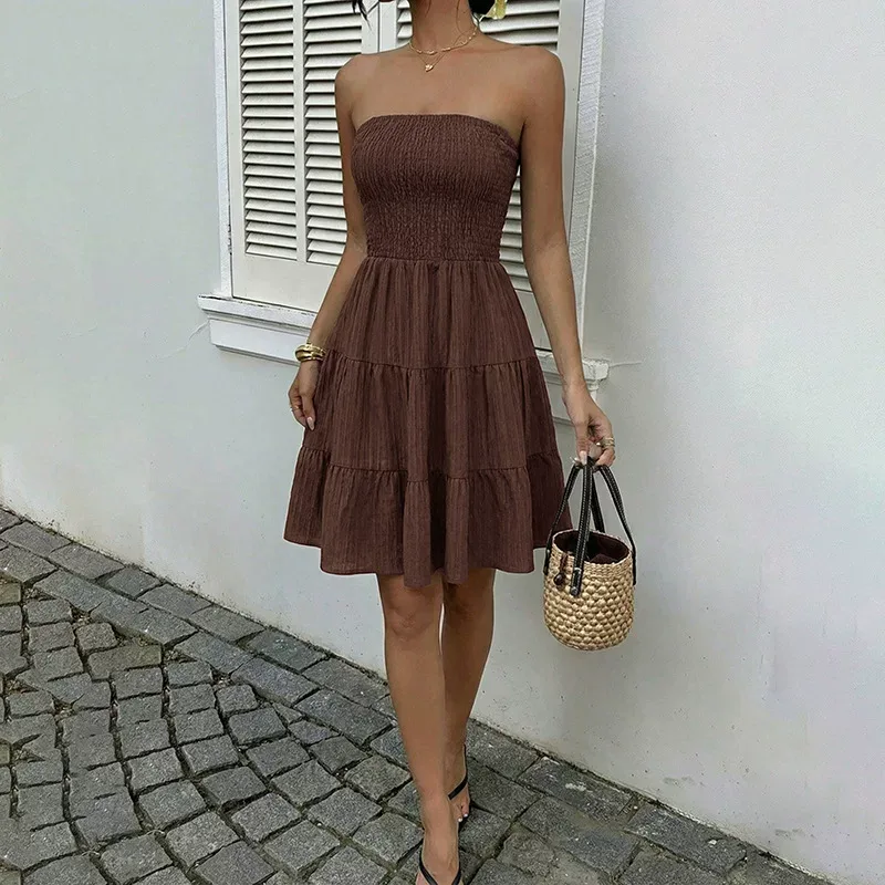 Sweet Vacation Style Solid Color Textured Strapless Cake Dress Elegant Design Comfortable Fit Pe