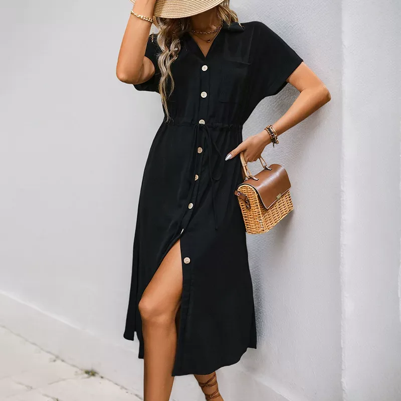Summer Casual Shirt Dress Pocket Design Minimalist Style Solid Color Perfect for Everyday Wear W